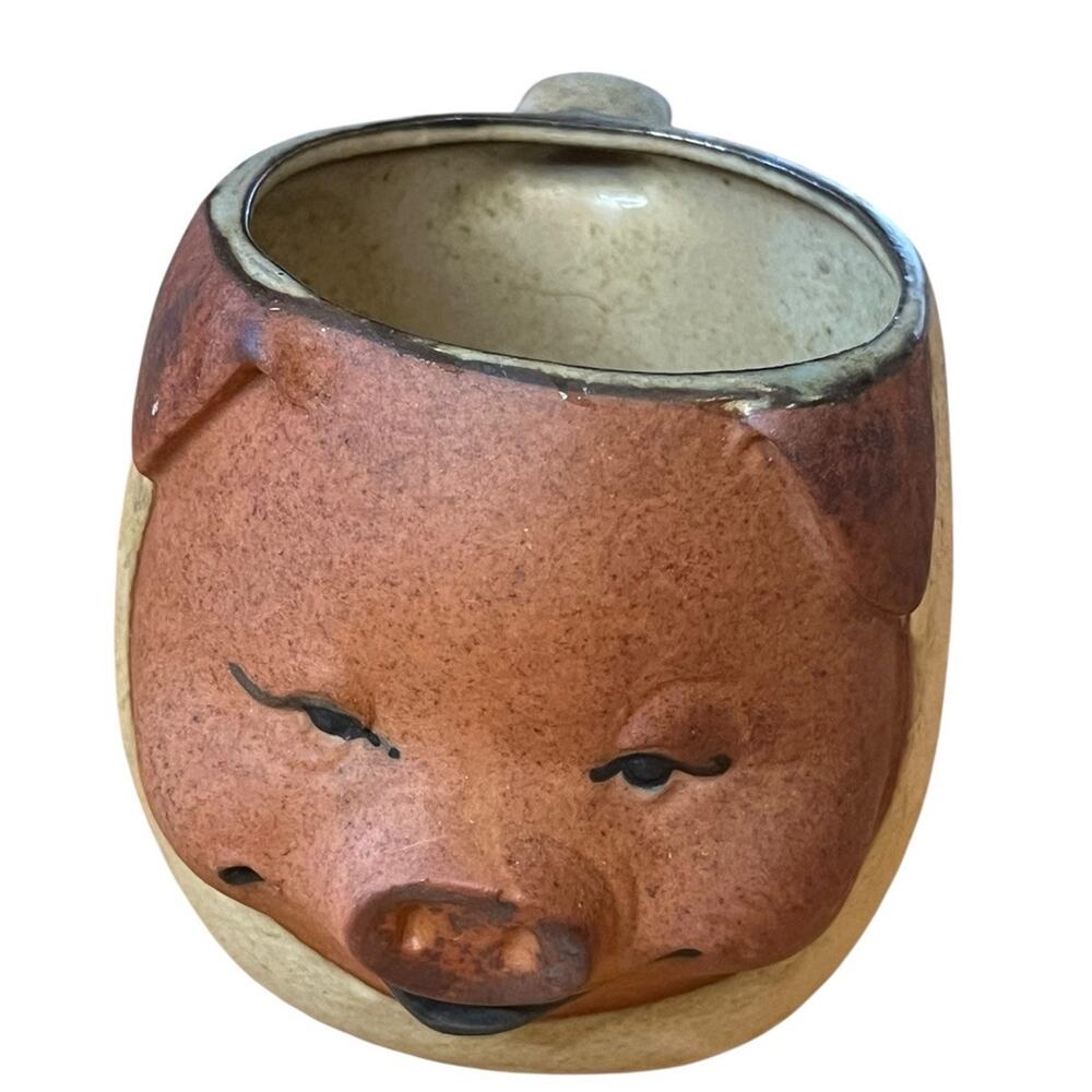 Vintage UCTCI Japan Pig Face Cup Hand Thrown Pottery 9 oz 1970s Figural